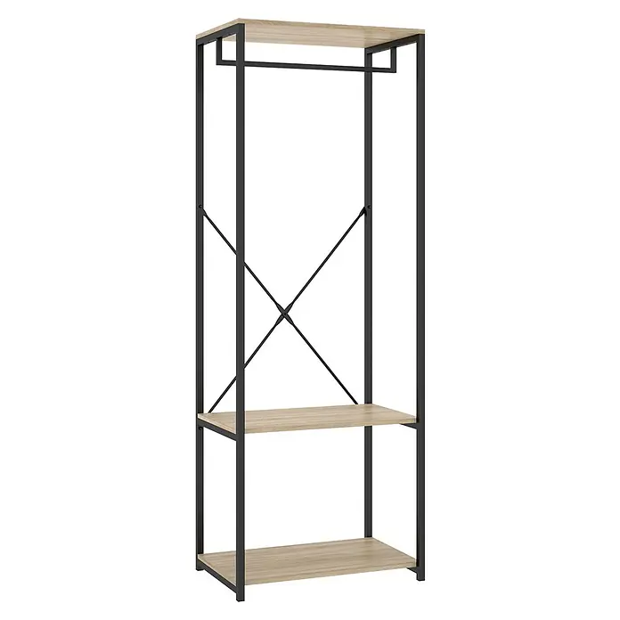 Dekit Armario para ropa Trok - L x An x Al: 40,4 x 60 x 167 cm, Negro/Roble, Acero/Melamina - Perchero de metal negro con estantes de madera clara y barra. Con tirante en X para mayor estabilidad.
