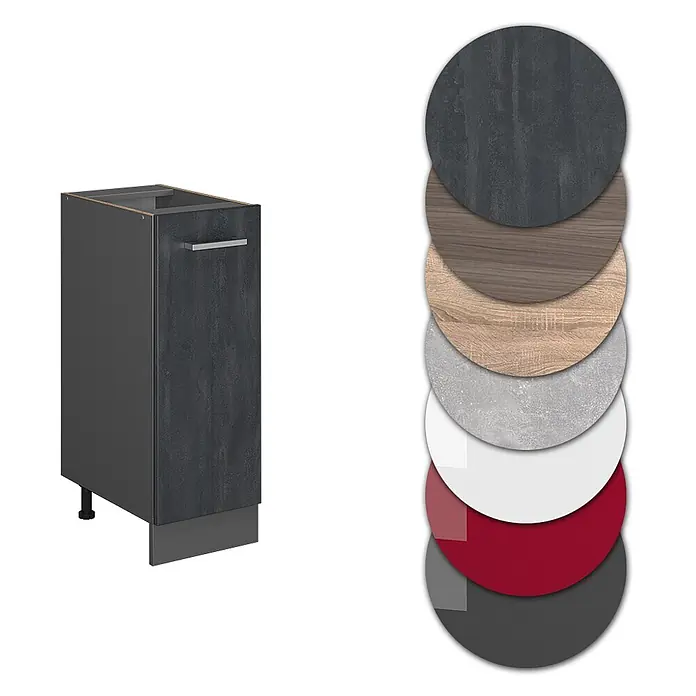 Vicco Schrankküche R-Line Schwarz Beton AP Anthrazit - Schwarz Beton, Apothekerunterschrank 30 cm, AP Anthrazit - Dunkelgrauer strukturierter Küchenunterschrank mit silbernem Griff, gezeigt mit verschiedenen Material- und Farbmustern.