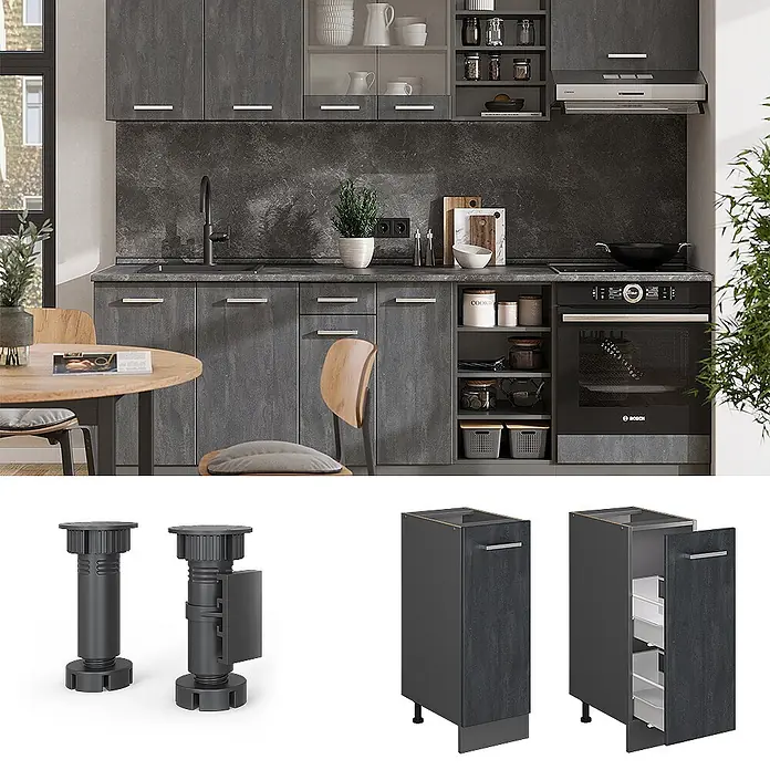 Vicco Schrankküche R-Line Schwarz Beton AP Anthrazit - Schwarz Beton, Apothekerunterschrank 30 cm, AP Anthrazit - Dunkelgraue Texturküche mit Unter- und Oberschränken, inkl. schmalem Auszugsschrank und verstellbaren Füßen.