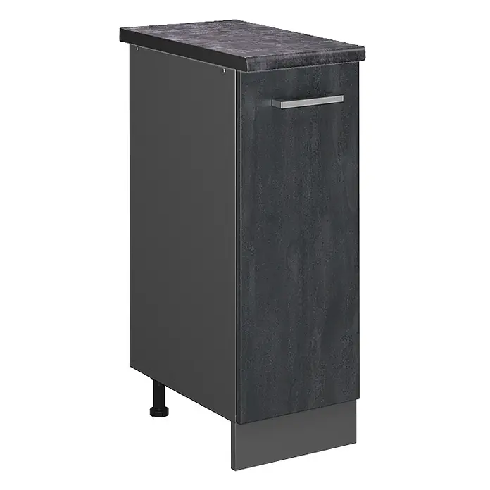 Vicco Schrankküche R-Line Schwarz Beton AP Anthrazit - Schwarz Beton, Apothekerunterschrank 30 cm, AP Anthrazit - Dunkelgrauer Küchenunterschrank mit gemusterter Arbeitsplatte, silbernem Griff und verstellbaren Füßen/Sockel.