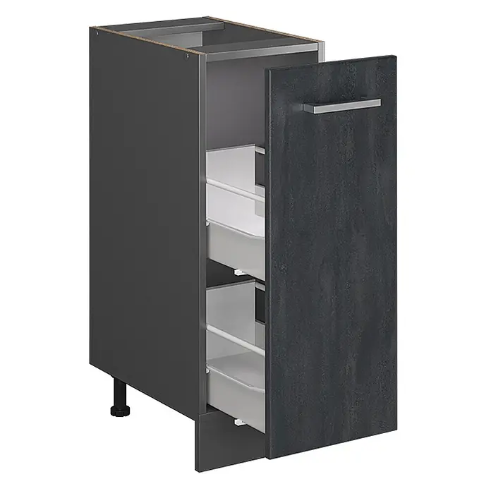 Vicco Schrankküche R-Line Schwarz Beton AP Anthrazit - Schwarz Beton, Apothekerunterschrank 30 cm, AP Anthrazit - Dunkelgrauer strukturierter Küchenunterschrank mit silbernem Griff und zwei offenen Auszügen.