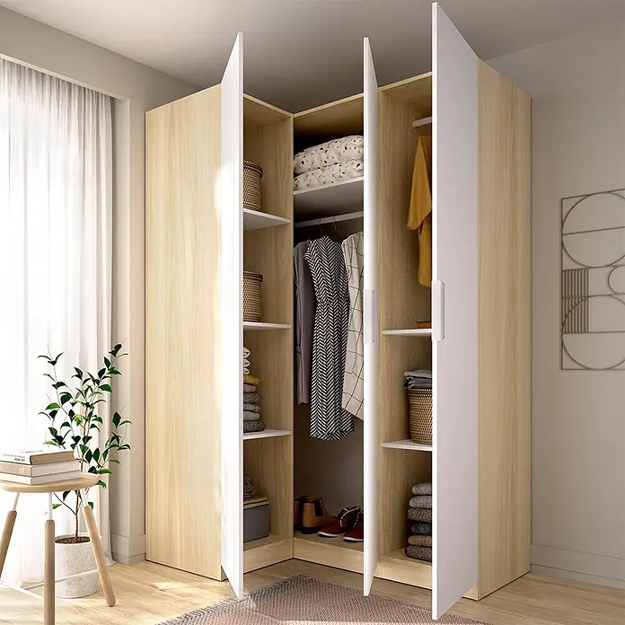 Dekit Armario para ropa Emax - L x An x Al: 95 x 142,2 x 203,5 cm, Roble claro/Blanco, Rinconero - Armario de esquina en forma de L con acabado de madera clara y puertas/estantes blancos, amplio espacio para ropa y accesorios.