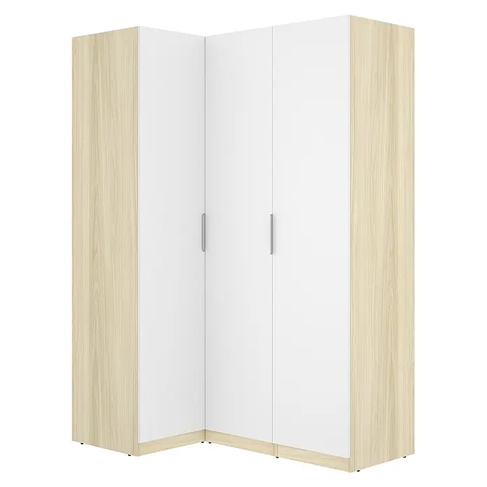 Dekit Armario para ropa Emax - L x An x Al: 95 x 142,2 x 203,5 cm, Roble claro/Blanco, Rinconero - Armario esquinero con laterales de madera clara y puertas blancas con tiradores plateados.
