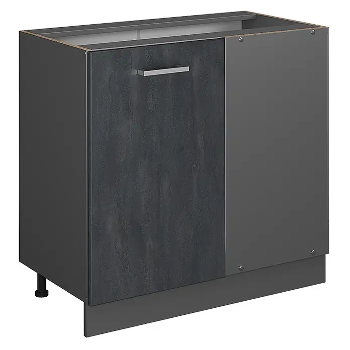 Vicco Schrankküche R-Line Schwarz Beton ohne Arbeitsplatte - Schwarz Beton, Eckunterschrank 86 cm - Dunkelgrauer Küchenunterschrank mit strukturierter Tür, glatter Blende und Metallgriff.