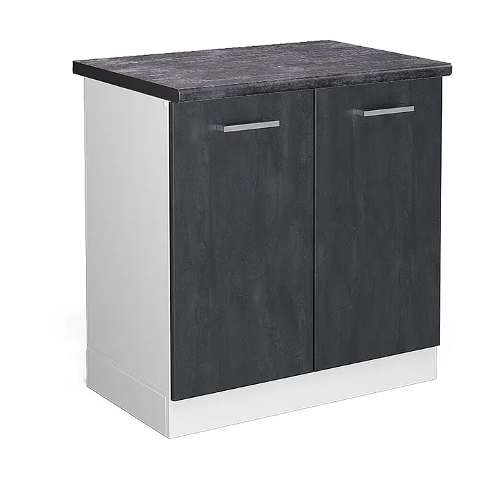 Vicco Spülenunterschrank R-Line, Schwarz Beton, 80 cm -  - Zweitüriger Schrank mit dunkelgrauer Steinoptikplatte, dunkelgrauen Türen mit silbernen Griffen und weißen Seiten.