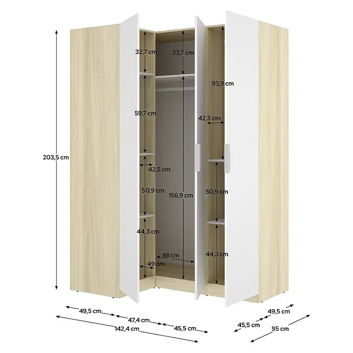 Dekit Armario para ropa Emax - L x An x Al: 95 x 142,2 x 203,5 cm, Roble claro/Blanco, Rinconero - Armario esquinero de madera clara y blanco con compartimentos, mostrado con sus dimensiones.