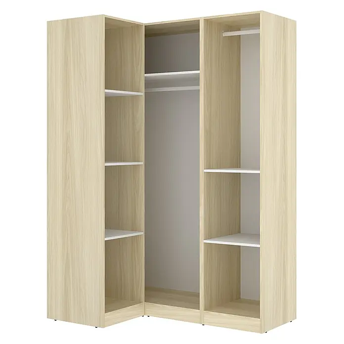Dekit Armario para ropa Emax - L x An x Al: 95 x 142,2 x 203,5 cm, Roble claro/Blanco, Rinconero - Armario de esquina de madera clara con estantes blancos y barras para colgar ropa, para un almacenamiento eficiente.