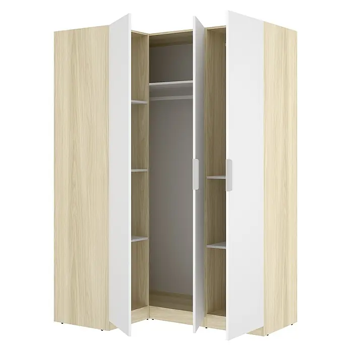 Dekit Armario para ropa Emax - L x An x Al: 95 x 142,2 x 203,5 cm, Roble claro/Blanco, Rinconero - Armario esquinero bicolor con acabado de madera clara y paneles blancos, puertas abiertas revelando estantes y barra.