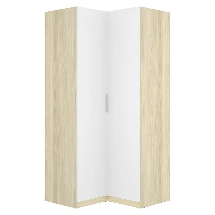 Dekit Armario para ropa Emax - L x An x Al: 95 x 96,9 x 203,5 cm, Roble claro/Blanco, Rinconero - Armario esquinero con paneles laterales efecto madera clara y puertas blancas con tirador plateado.
