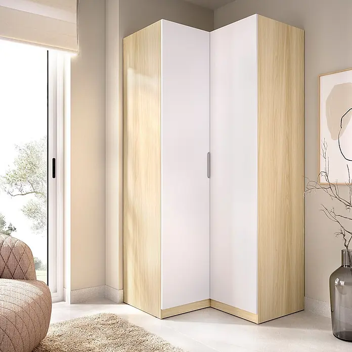 Dekit Armario para ropa Emax - L x An x Al: 95 x 96,9 x 203,5 cm, Roble claro/Blanco, Rinconero - Armario esquinero de madera clara y paneles blancos, que encaja perfectamente en la esquina de una habitación.
