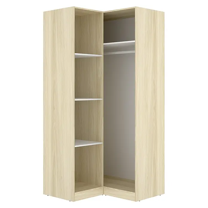 Dekit Armario para ropa Emax - L x An x Al: 95 x 96,9 x 203,5 cm, Roble claro/Blanco, Rinconero - Armario de esquina de madera clara con estantes abiertos y barra para colgar ropa.