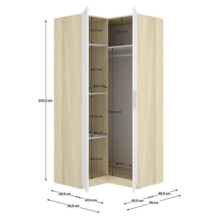 Dekit Armario para ropa Emax (L x An x Al: 95 x 96,9 x 203,5 cm, Roble claro/Blanco, Rinconero, Espesor: 15 mm) | BAUHAUS
