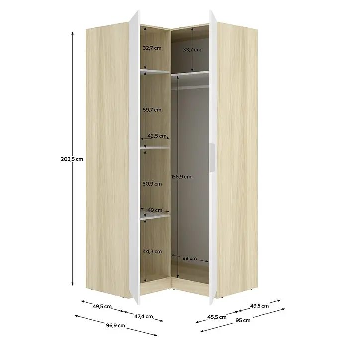 Dekit Armario para ropa Emax - L x An x Al: 95 x 96,9 x 203,5 cm, Roble claro/Blanco, Rinconero - Armario esquinero de madera clara con estantes blancos, barra para colgar y dimensiones detalladas para almacenamiento.