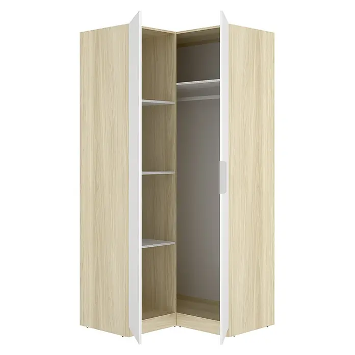 Dekit Armario para ropa Emax - L x An x Al: 95 x 96,9 x 203,5 cm, Roble claro/Blanco, Rinconero - Armario esquinero abierto de madera clara con detalles blancos, con estantes y barra para colgar.
