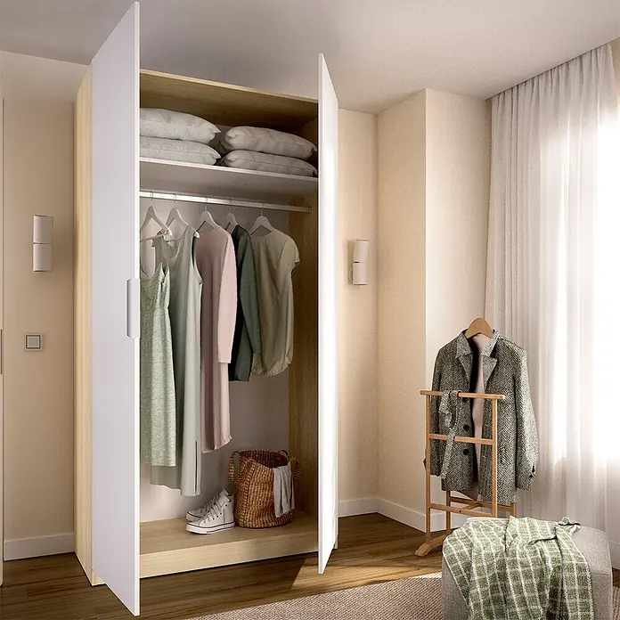 Dekit Armario para ropa Emax - L x An x Al: 51,4 x 91 x 203,5 cm, Roble claro/Blanco - Armario abierto de dos puertas blanco y de madera clara con ropa, cojines, cesta y zapatos dentro.