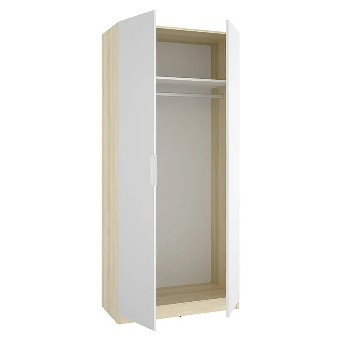 Dekit Armario para ropa Emax - L x An x Al: 51,4 x 91 x 203,5 cm, Roble claro/Blanco - Armario de madera clara y blanco con una puerta abierta, revelando un estante interior y una barra de colgar.