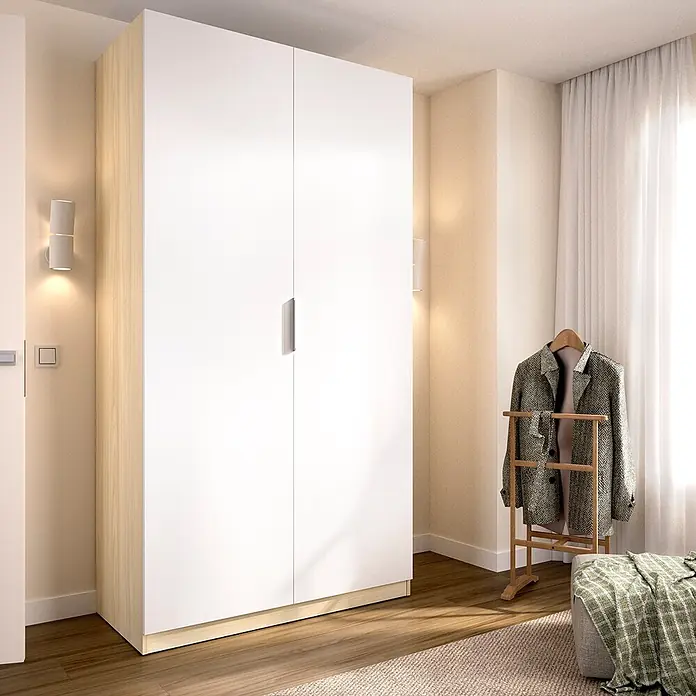 Dekit Armario para ropa Emax - L x An x Al: 51,4 x 91 x 203,5 cm, Roble claro/Blanco - Armario de dos puertas con frentes blancos y laterales de madera clara, alto en un dormitorio moderno.