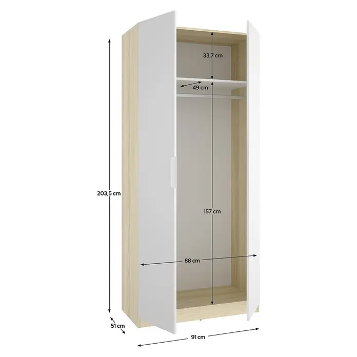 Dekit Armario para ropa Emax - L x An x Al: 51,4 x 91 x 203,5 cm, Roble claro/Blanco - Armario de dos puertas en madera clara y blanco, abierto con estante y barra de colgar. Dimensiones mostradas.