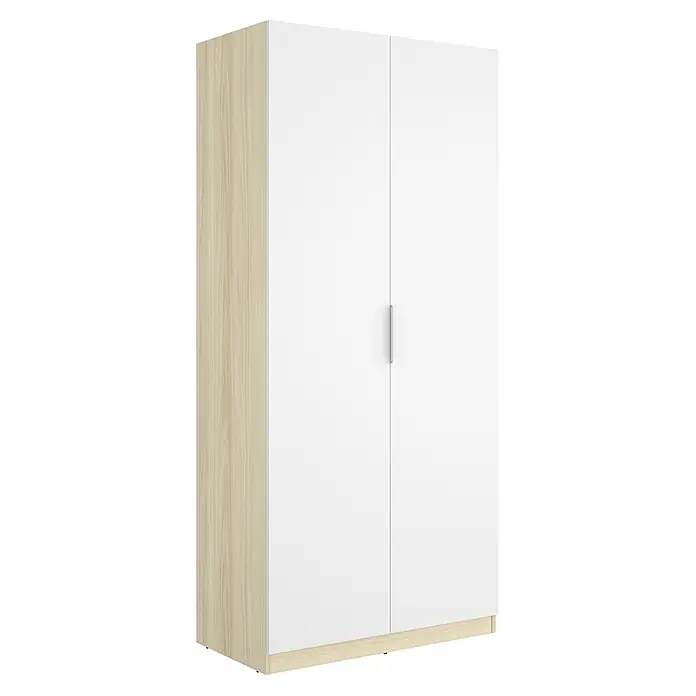 Dekit Armario para ropa Emax - L x An x Al: 51,4 x 91 x 203,5 cm, Roble claro/Blanco - Armario de dos puertas con laterales y base efecto madera clara, y puertas blancas con tirador plateado.