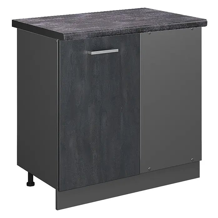 Vicco Schrankküche R-Line Schwarz Beton AP Anthrazit - Schwarz Beton, Eckunterschrank 86 cm, AP Anthrazit - Dunkelgrauer Küchenunterschrank mit strukturierter Tür, Arbeitsplatte in Steinoptik und silbernem Griff.