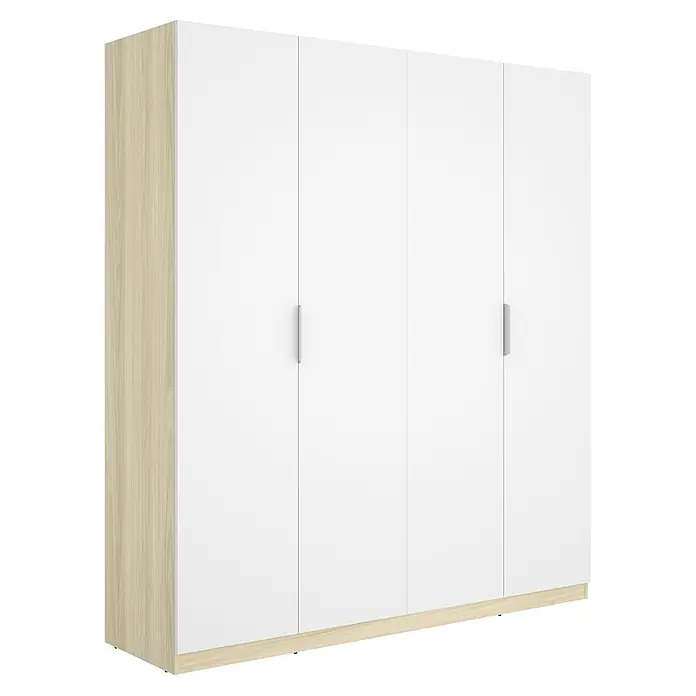 Dekit Armario para ropa Emax - L x An x Al: 51,4 x 182,1 x 203,5 cm, Roble claro/Blanco, Número de puertas: 4 ud. - Armario de cuatro puertas con frentes blancos, panel lateral y zócalo efecto madera clara, y tiradores plateados.
