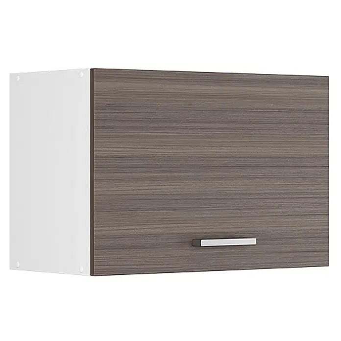 Vicco Schrankküche R-Line Edelgrau Flach - Edelgrau, Hängeschrank 60 cm (flach) - Weißer Hängeschrank mit grauer Holzmaserungstür und silbernem Stangengriff.