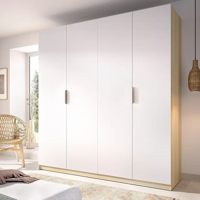 Dekit Armario para ropa Emax - L x An x Al: 51,4 x 182,1 x 203,5 cm, Roble claro/Blanco, Número de puertas: 4 ud. - Armario moderno blanco de cuatro puertas con detalles de madera clara, integrado en un dormitorio contemporáneo.