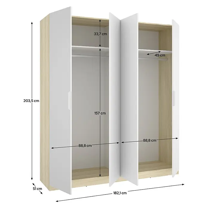 Dekit Armario para ropa Emax - L x An x Al: 51,4 x 182,1 x 203,5 cm, Roble claro/Blanco, Número de puertas: 4 ud. - Armario blanco de tres puertas con detalles en madera clara y dimensiones visibles.
