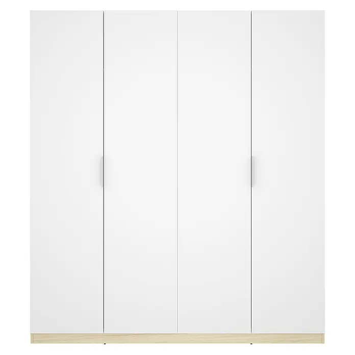 Dekit Armario para ropa Emax - L x An x Al: 51,4 x 182,1 x 203,5 cm, Roble claro/Blanco, Número de puertas: 4 ud. - Armario blanco de cuatro puertas con dos tiradores plateados y una base de aspecto de madera clara.