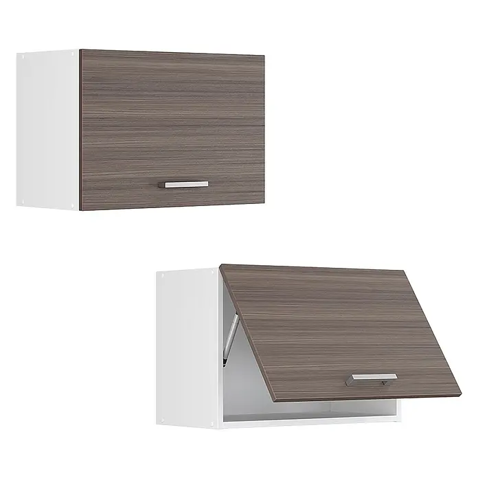 Vicco Schrankküche R-Line Edelgrau Flach - Edelgrau, Hängeschrank 60 cm (flach) - Weiße Wandschränke mit braunen Holzmaserungstüren, einer geschlossen, einer offen mit Gasfeder.