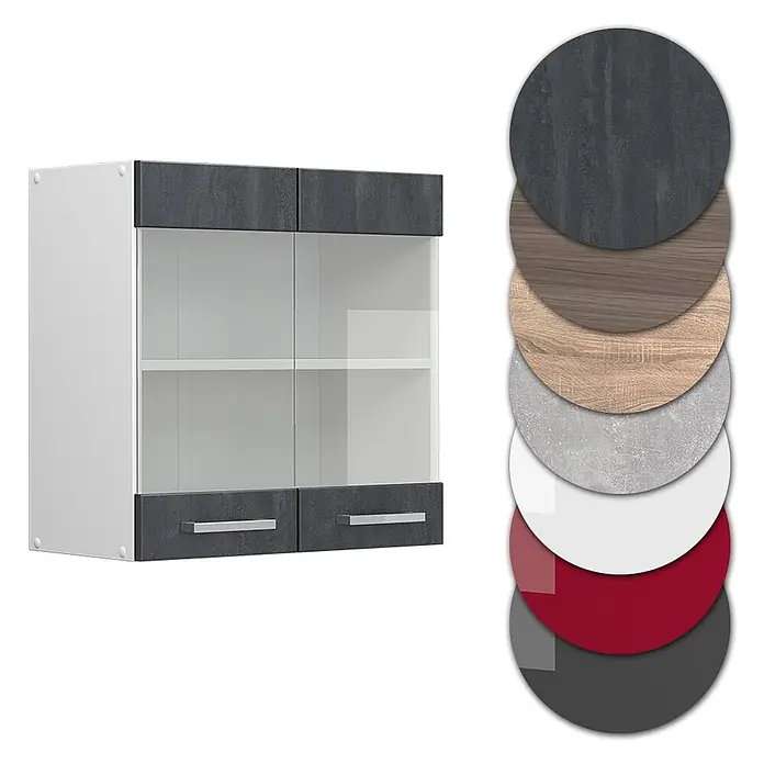 Vicco Schrankküche R-Line Schwarz Beton - Schwarz Beton, Hängeglasschrank 60 cm - Küchenhängeschrank mit weißem Korpus, dunkelgrauen Platten und Glastüren, dargestellt mit Farb-/Materialmustern.