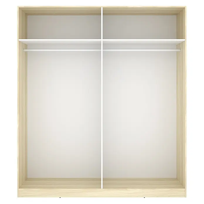 Dekit Armario para ropa Emax - L x An x Al: 51,4 x 182,1 x 203,5 cm, Roble claro/Blanco, Número de puertas: 4 ud. - Interior de armario vacío de madera clara con dos compartimentos, cada uno con estante y barra de colgar.