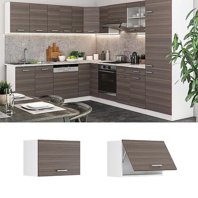Vicco Schrankküche R-Line Edelgrau Flach - Edelgrau, Hängeschrank 60 cm (flach) - Moderne Küchenschrankgarnitur in dunkler Holzoptik in L-Form, mit Hochschränken mit Klapptüren und integrierten Geräten.