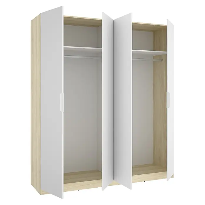 Dekit Armario para ropa Emax - L x An x Al: 51,4 x 182,1 x 203,5 cm, Roble claro/Blanco, Número de puertas: 4 ud. - Armario de tres puertas con frentes blancos y marco de madera clara, con puertas abiertas que muestran estantes y barras para colgar.