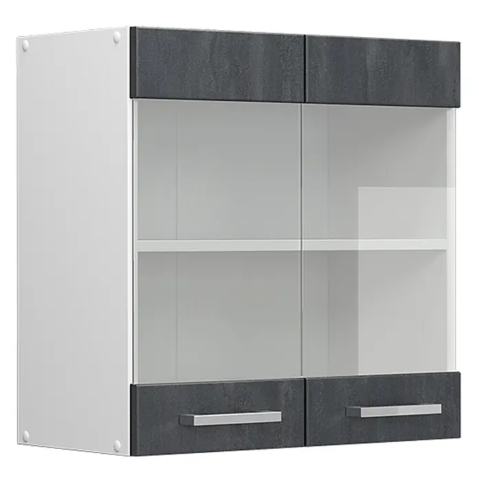 Vicco Schrankküche R-Line Schwarz Beton - Schwarz Beton, Hängeglasschrank 60 cm - Wandschrank mit weißer Seite, dunkelgrauen Elementen, zwei Glastüren und Metallgriffen.