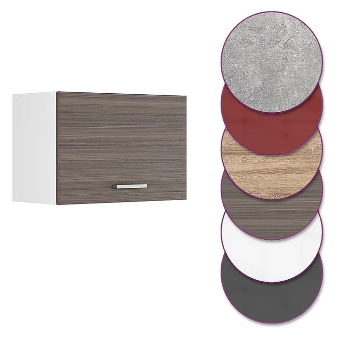 Vicco Schrankküche R-Line Edelgrau Flach - Edelgrau, Hängeschrank 60 cm (flach) - Wandschrank mit dunkler Holzmaserungstür, weißer Seitenwand, silbernem Griff und Materialmuster.