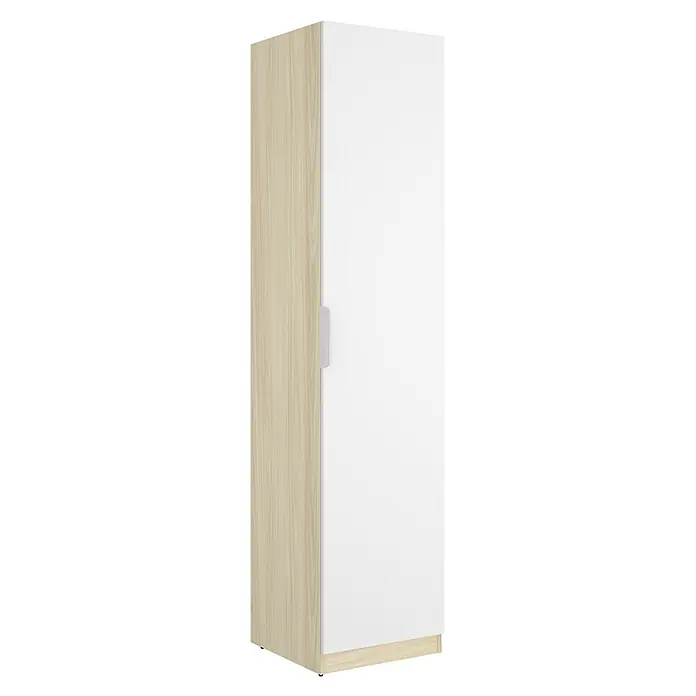 Dekit Armario para ropa Emax - L x An x Al: 51,4 x 45,5 x 203,5 cm, Roble claro/Blanco - Armario estrecho con laterales de madera clara y puerta blanca, con tirador plateado y base de madera.
