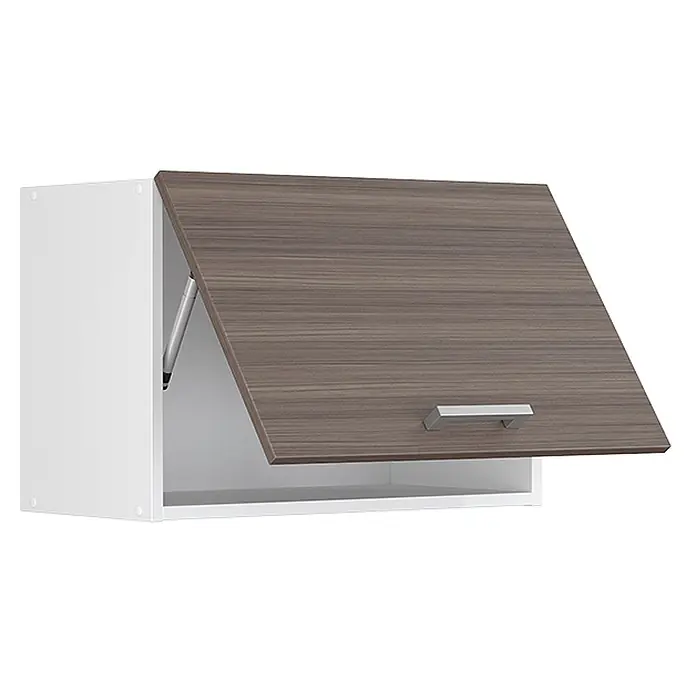 Vicco Schrankküche R-Line Edelgrau Flach - Edelgrau, Hängeschrank 60 cm (flach) - Weißer Wandschrank mit offener brauner Holzoptik-Klapptür und silbernem Griff.