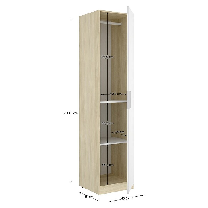 Dekit Armario para ropa Emax (L x An x Al: 51,4 x 45,5 x 203,5 cm, Roble claro/Blanco, Espesor: 15 mm) | BAUHAUS