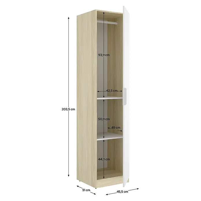 Dekit Armario para ropa Emax - L x An x Al: 51,4 x 45,5 x 203,5 cm, Roble claro/Blanco - Armario abierto de madera clara con puerta blanca, mostrando dimensiones internas de estantes y barra.