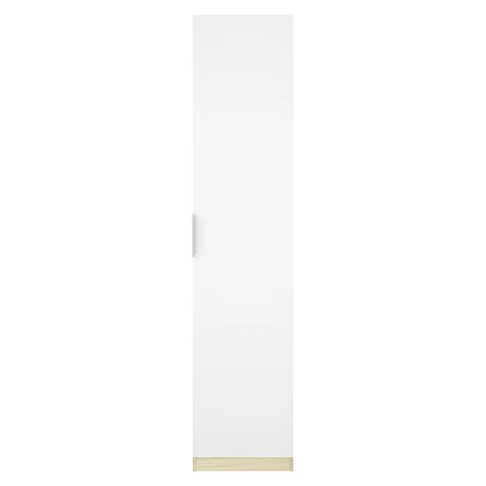 Dekit Armario para ropa Emax - L x An x Al: 51,4 x 45,5 x 203,5 cm, Roble claro/Blanco - Puerta de armario alta blanca con tirador plateado y base de madera clara.