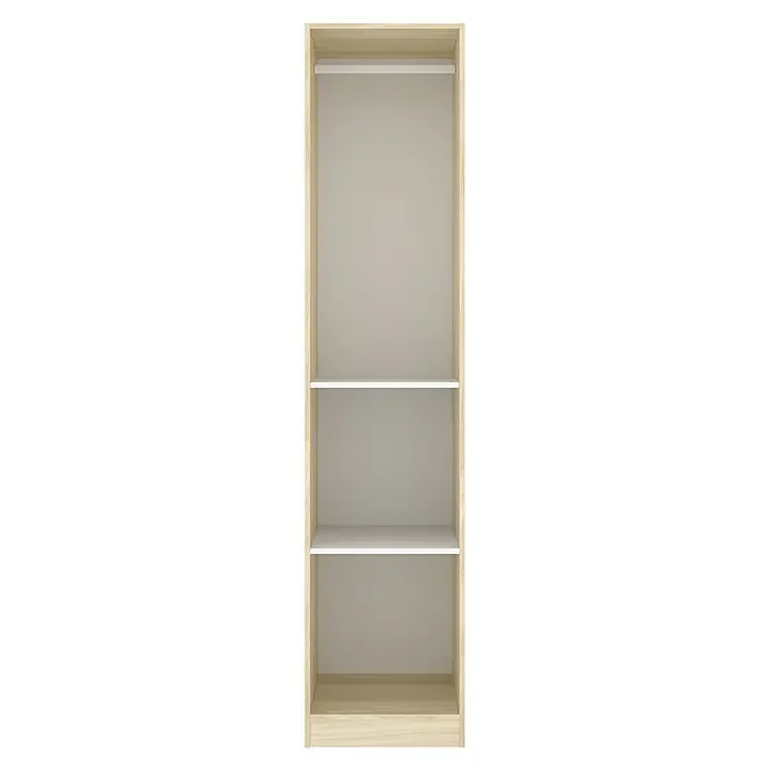 Dekit Armario para ropa Emax - L x An x Al: 51,4 x 45,5 x 203,5 cm, Roble claro/Blanco - Interior de armario efecto madera clara con barra para colgar y dos estantes blancos.