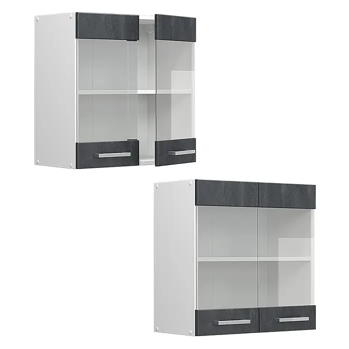 Vicco Schrankküche R-Line Schwarz Beton - Schwarz Beton, Hängeglasschrank 60 cm - Weißer Wandschrank mit dunkelgrauen strukturierten Platten, Glastüren und silbernen Griffen.