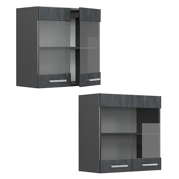 Vicco Schrankküche R-Line Schwarz Beton - Schwarz Beton, Hängeglasschrank 60 cm - Zwei dunkelgraue Hängeschränke mit strukturierter Front, Glastüren und silbernen Griffen zur Präsentation und Aufbewahrung.
