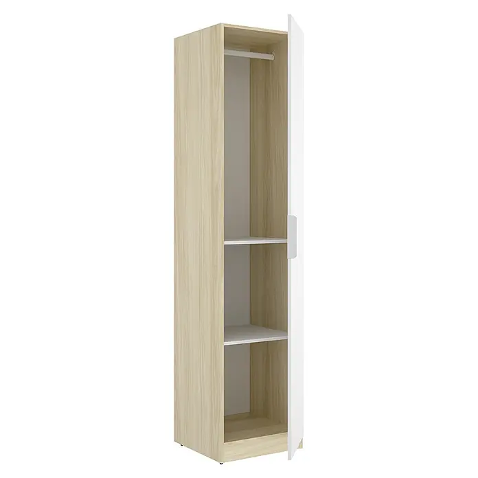 Dekit Armario para ropa Emax - L x An x Al: 51,4 x 45,5 x 203,5 cm, Roble claro/Blanco - Armario alto efecto madera clara con puerta blanca parcialmente abierta, revelando estantes blancos y una barra.