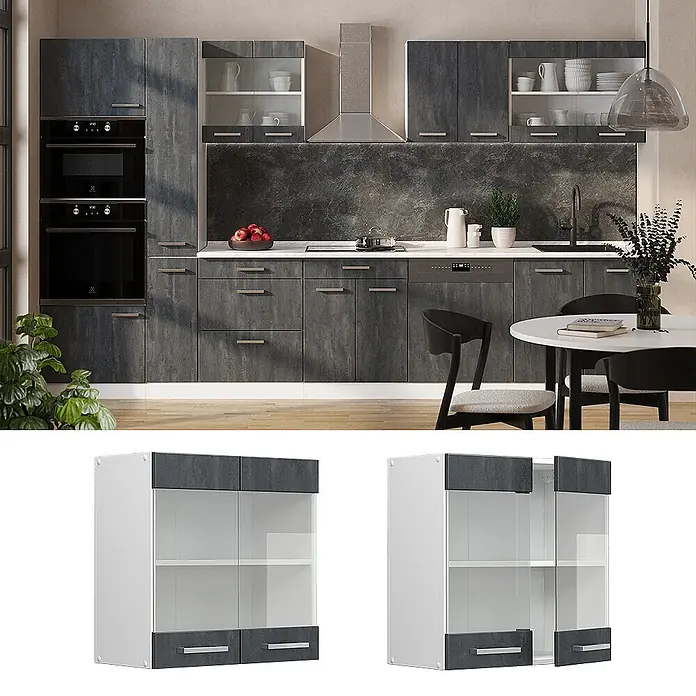Vicco Schrankküche R-Line Schwarz Beton - Schwarz Beton, Hängeglasschrank 60 cm - Dunkelgraue, texturierte Küchenzeile mit integrierten Geräten und Oberschränken mit Glasfront.