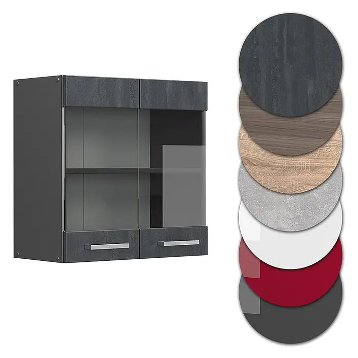 Vicco Schrankküche R-Line Schwarz Beton - Schwarz Beton, Hängeglasschrank 60 cm - Dunkelgrauer Hängeschrank mit Glastüren und zwei unteren Schubladen, mit verschiedenen Materialmustern dargestellt.