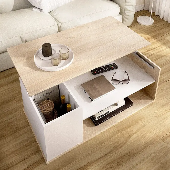 Dekit Bari Mesa elevable - L x An x Al: 50 x 100 x 53,7 cm, Natural/Blanco - Mesa de centro de madera clara y blanca con tablero extensible, estante abierto y almacenaje oculto, en sala moderna.
