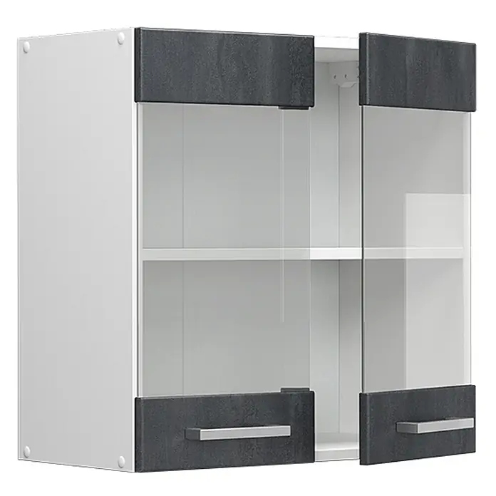 Vicco Schrankküche R-Line Schwarz Beton - Schwarz Beton, Hängeglasschrank 60 cm - Wandschrank mit zwei Glastüren, dunkelgrauen oberen/unteren Blenden und Griffen, sowie zwei Innenregalen.