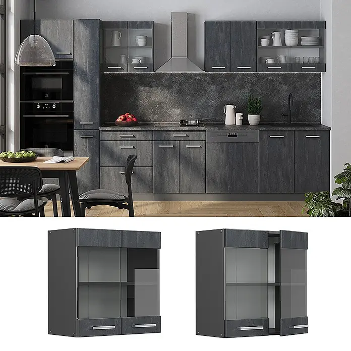 Vicco Schrankküche R-Line Schwarz Beton - Schwarz Beton, Hängeglasschrank 60 cm - Dunkelgraue Küchenschränke mit Struktur-Oberfläche. Wandschrank mit Glastüren und Schubladen in moderner Küche.